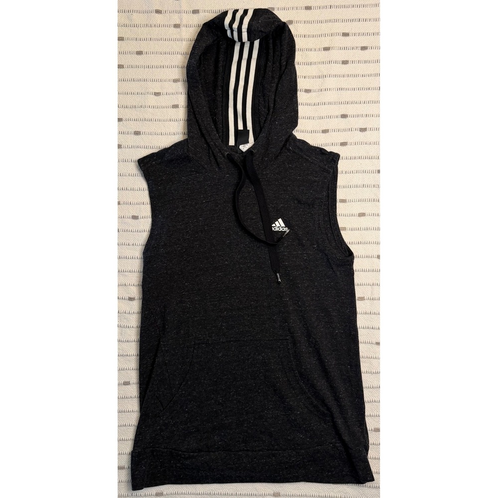 Adidas Mens Sleeveless Hoodie Charcoal Gray Heathered 3-Stripe Vest XS
